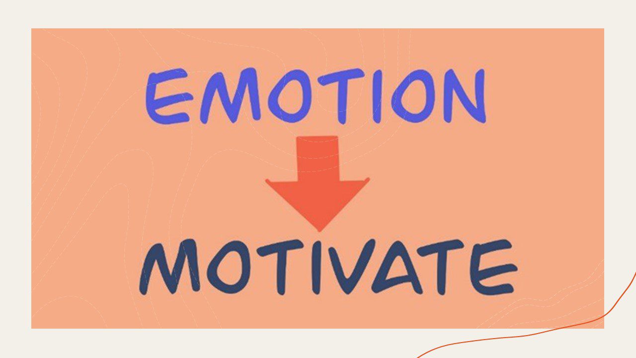 Peach-colored background with two words on it: "Emotion" and "Motivate" are written in different shades of blue. "Emotion" is written above "Motivate" with a red arrow in between them pointing down. The arrow points from "Emotion" to "Motivate" to exemplify that a person's "emotions" lead to their "motivations."