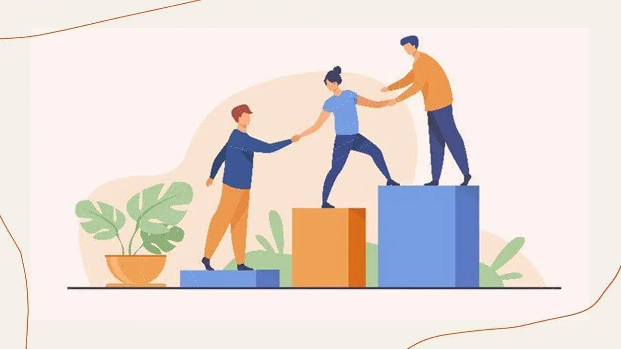 This image shows a lifelike cartoon situations. One person between two other people is being assisted up some steps that resemble bar graph bars to insinuate that this is in a professional environment. Plants surround them.
