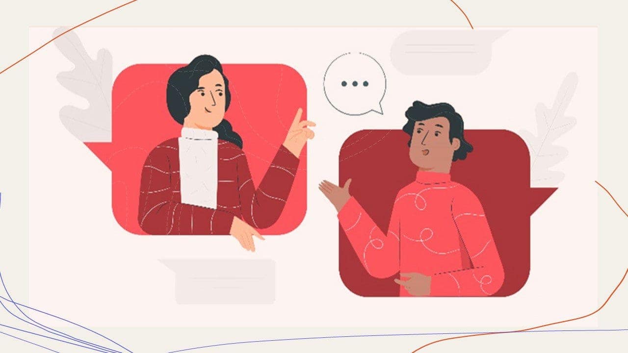 This photo is a cartoon of two business professionals chatting. The woman (with black hair and olive skin) is shown engaged in the conversation and listening while her male colleague (with black hair and tan skin) speaks. This photo was chosen to emphasize the point in the article to "stop pushing, and start conversing." This photo is set on a grey and beige background and the two people are drawn inside of one red chat bubble each and facing each other.