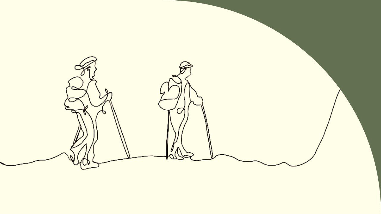 Hand drawn art. The style of the drawing is simplistic with using only one line to connect the characters of the image with their background. No color is used except in the background which is a warm beige color. The image is set on a hiking path with two hikers walking the path with backpacks. This image was drawn to represent the journey that those in sales and marketing embark on with their customers--side by side, together.