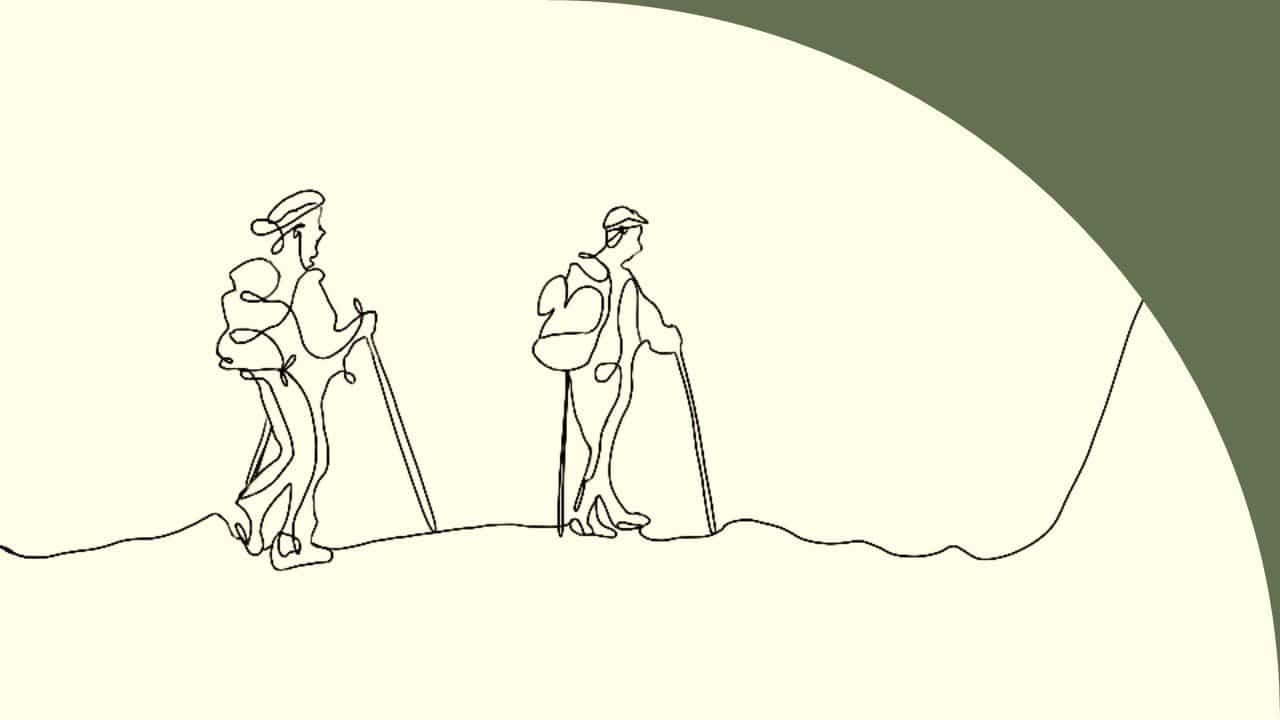 Hand drawn art. The style of the drawing is simplistic with using only one line to connect the characters of the image with their background. No color is used except in the background which is a warm beige color. The image is set on a hiking path with two hikers walking the path with backpacks. This image was drawn to represent the journey that those in sales and marketing embark on with their customers--side by side, together.