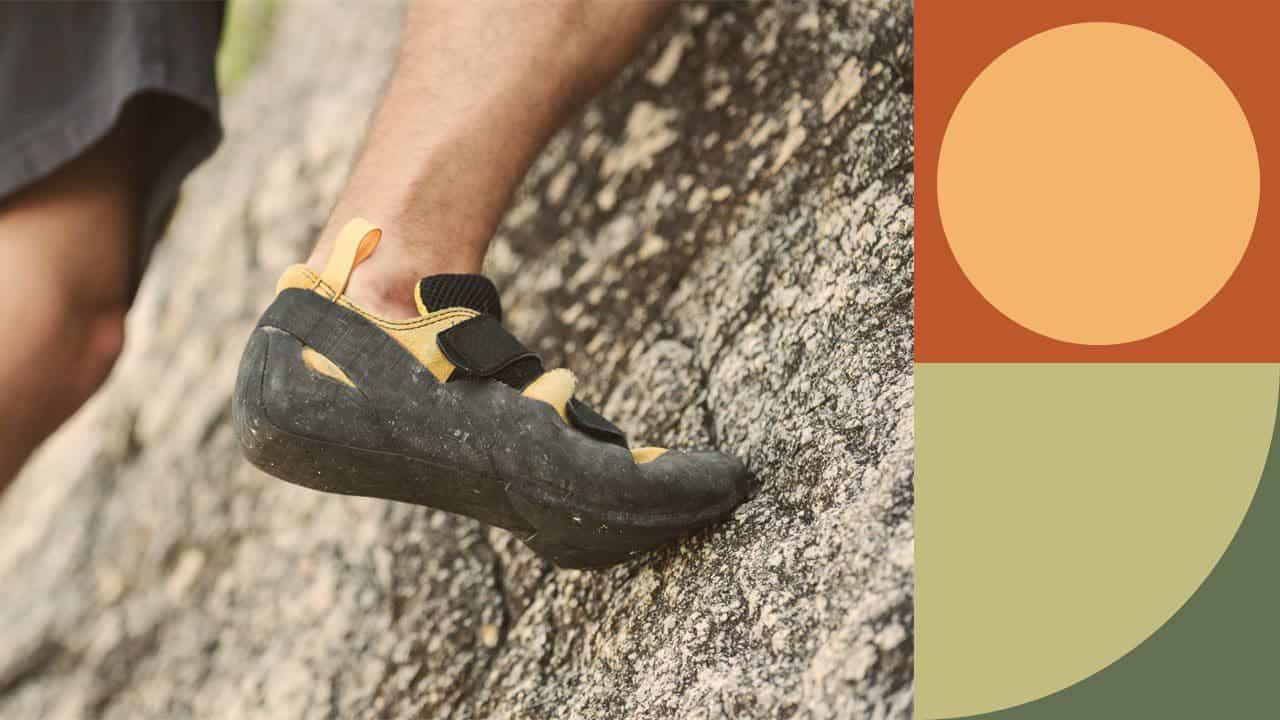 Decorative image of a rock climber that is zoomed in on their shoes.